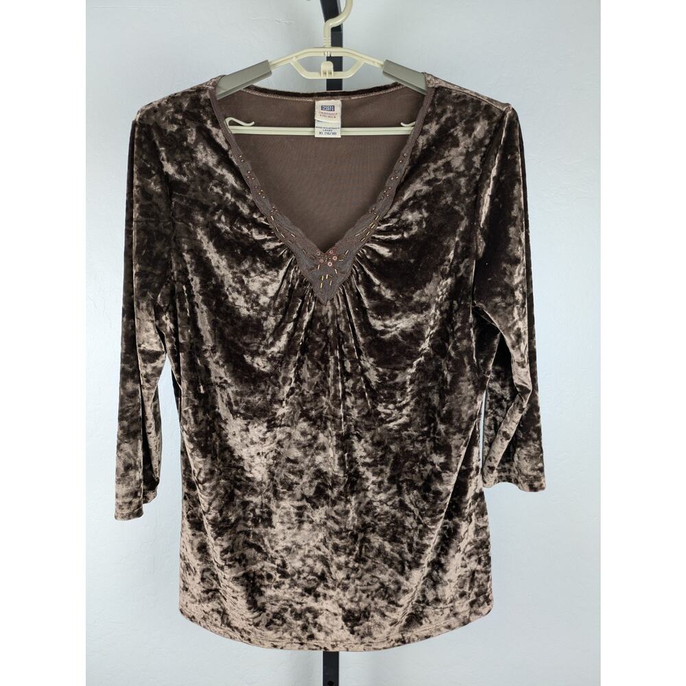 Faded Glory Y2K Brown Crushed Velvet V-neck 3/4 Sleeve Top